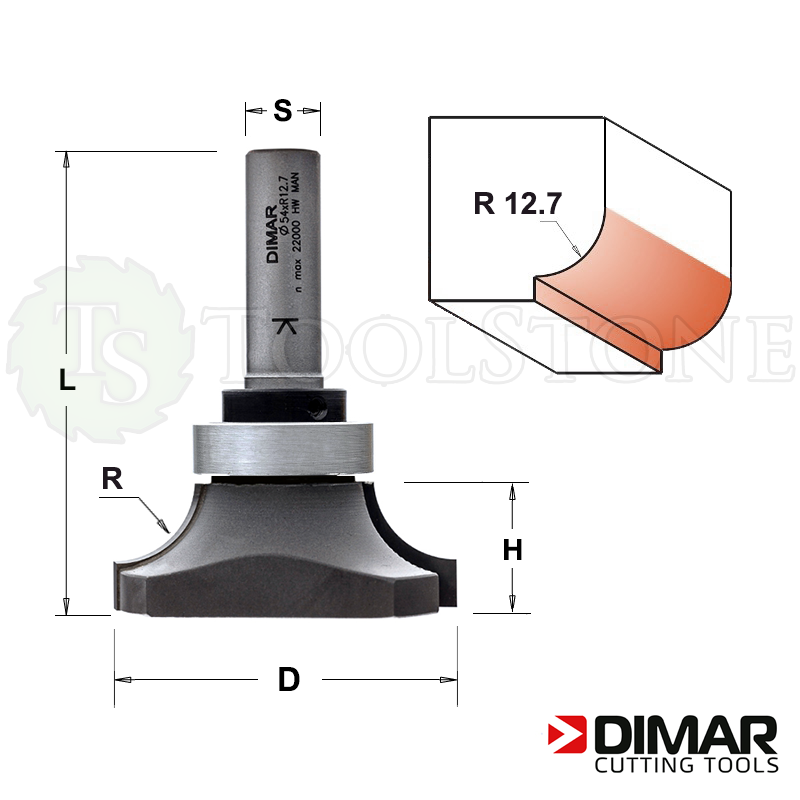 Фреза Dimar (Израиль) с обратным радиусом и верхним металлическим подшипником, D=54 мм, R=12.7 мм, H=20 мм, L=73 мм, Z2, S12 (арт.DMR077)
