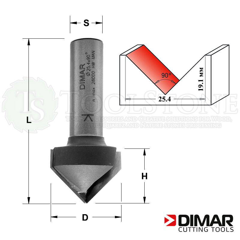 V-образная пазовая фреза Dimar без подшипника, Ø25.4 мм, H=19.1 мм, А=90°, L=57 мм, Z2, S12