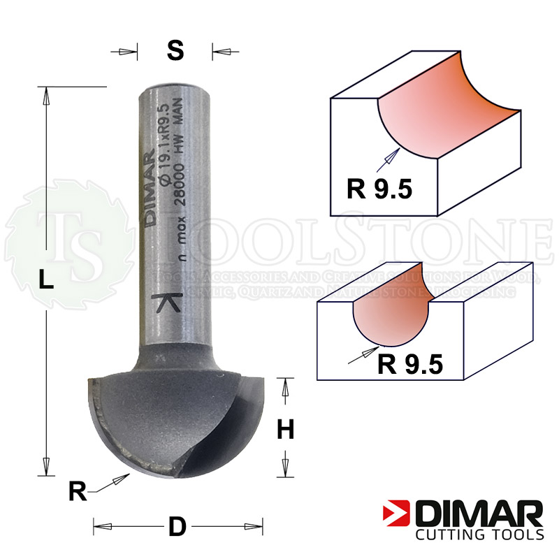 Фреза галтельная Dimar (Израиль) DMR119 полусфера без подшипника, Ø 19.1 мм, R=9.5 мм, H=11 мм, Z2, S8