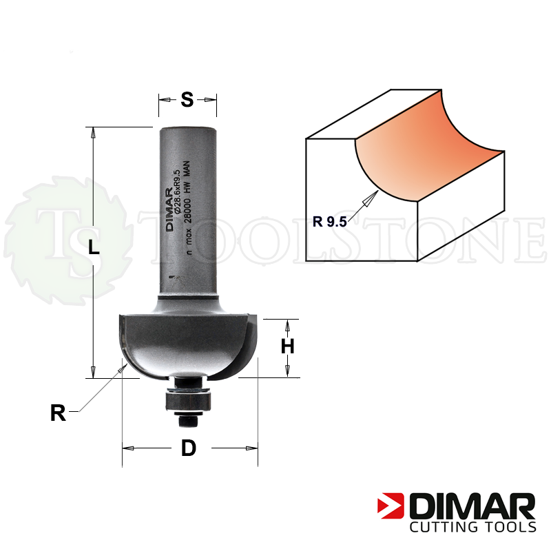 Галтельная фреза Dimar (Израиль) с нижним подшипником, D=28.6 мм, R=9.5 мм, H=14.3 мм, L=60.5 мм, Z2, S12 (арт.DMR124)
