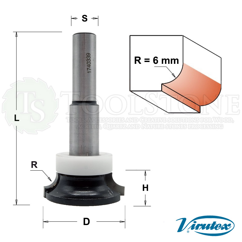 Фреза Virutex (Испания) 1740339 с обратным радиусом и верхним пластиковым подшипником, для раковин, D=40 мм, R=6 мм, H=12 мм, L=80 мм, Z2, S12