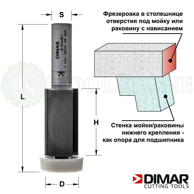 Пригоночная фреза Dimar DMR073 (Израиль) Ø19.6мм, H=38.1мм, L=84мм, Z2, S12 с нижним конусным 5° пластиковым подшипником Ø25.4мм для свесов в мойку