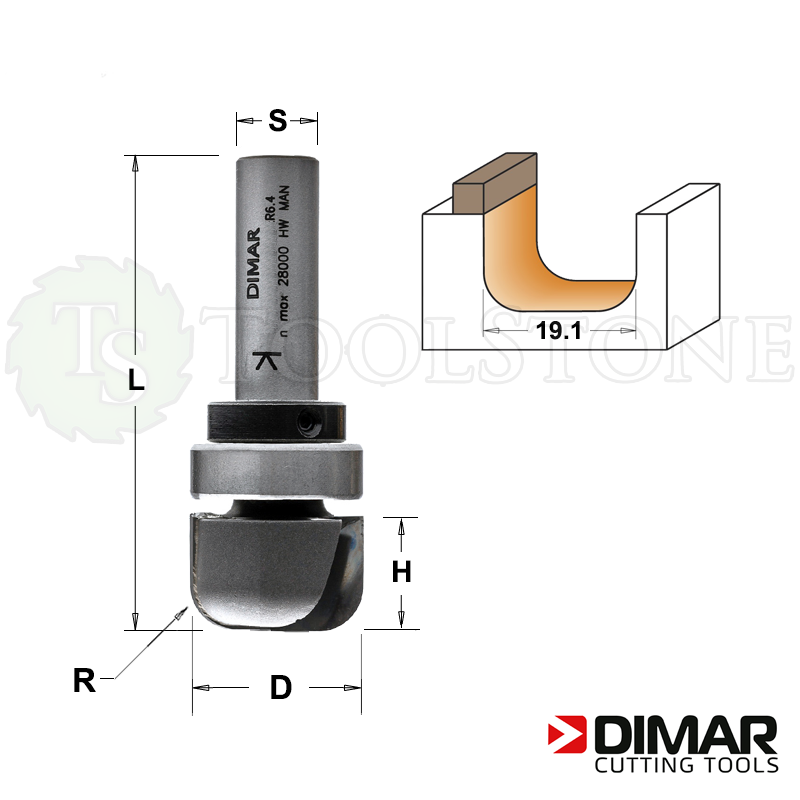 Галтельная фреза Dimar (Израиль) с верхним металлическим подшипником, D=19.1 мм, R=6.5 мм, H=16 мм, L=67 мм, Z2, S12 (арт.DMR122)