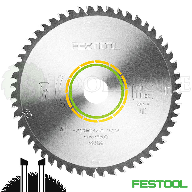 Пильный диск Festool 493199, HW 210x2.4x30 мм, W52 косой зуб, 5°, универсальный по дереву и фанере