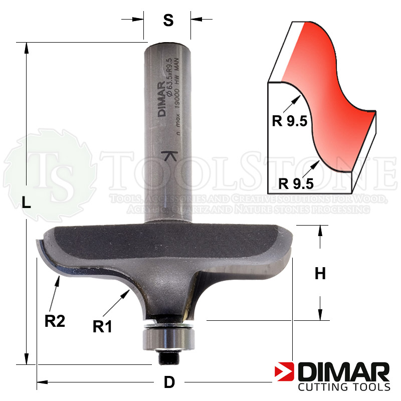 Профильная фреза Dimar DMR159 (Израиль) с нижним металлическим подшипником, Ø63.5мм, R1=9.5мм, R2=9.5мм, H=20мм, L=79мм, Z2, S12
