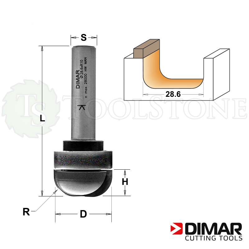 Галтельная фреза Dimar (Израиль) с верхним металлическим подшипником, D=28.6 мм, R=10 мм, H=12.7 мм, L=73 мм, Z2, S12 (арт.DMR121)
