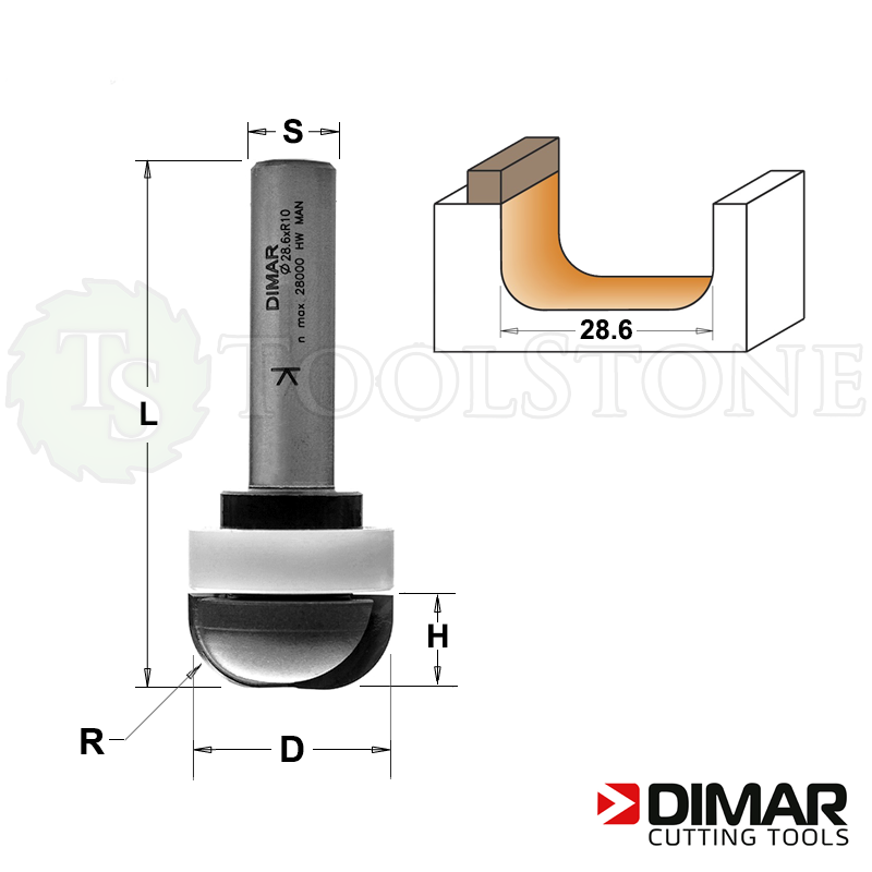 Галтельная фреза Dimar (Израиль) с верхним пластиковым подшипником, D=28.6 мм, R=10 мм, H=12.7 мм, L=73 мм, Z2, S12 (арт.DMR120)