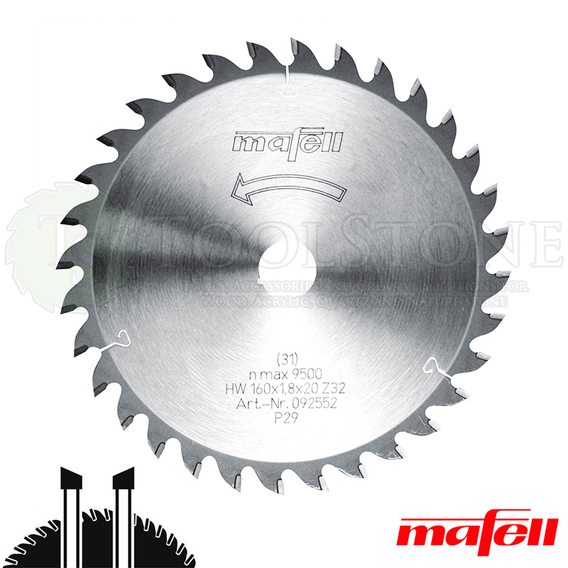 Пильный диск Mafell 092552 160x1.8x20 мм, W32 косой зуб, тонкий пропил, универсальный для фанеры и по дереву